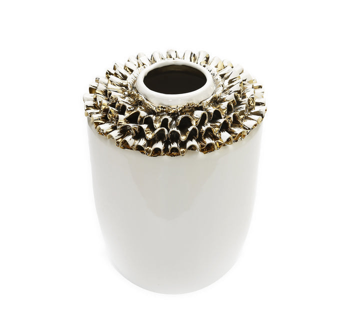 10" White Round Ceramic Table Vase With Sculptural Details
