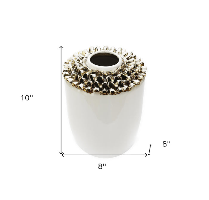 10" White Round Ceramic Table Vase With Sculptural Details