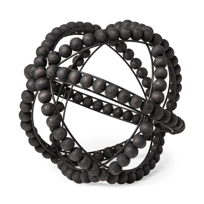 12" Black Wood Bead And Metal Decorative Orb Sculpture