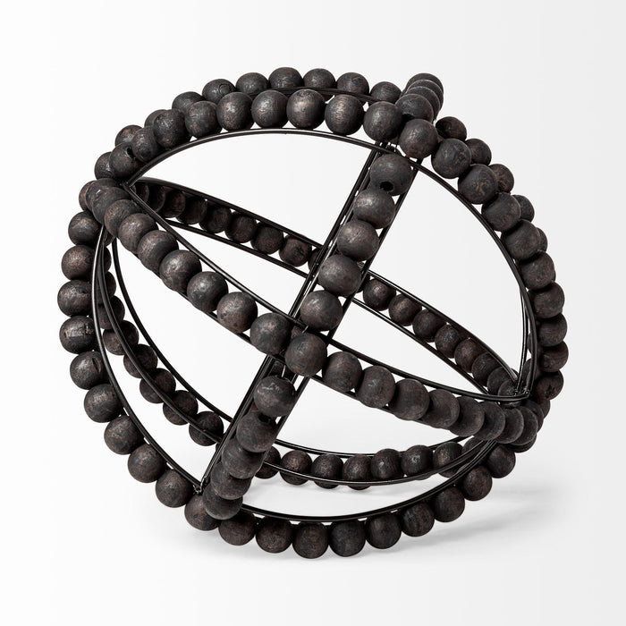 12" Black Wood Bead And Metal Decorative Orb Sculpture