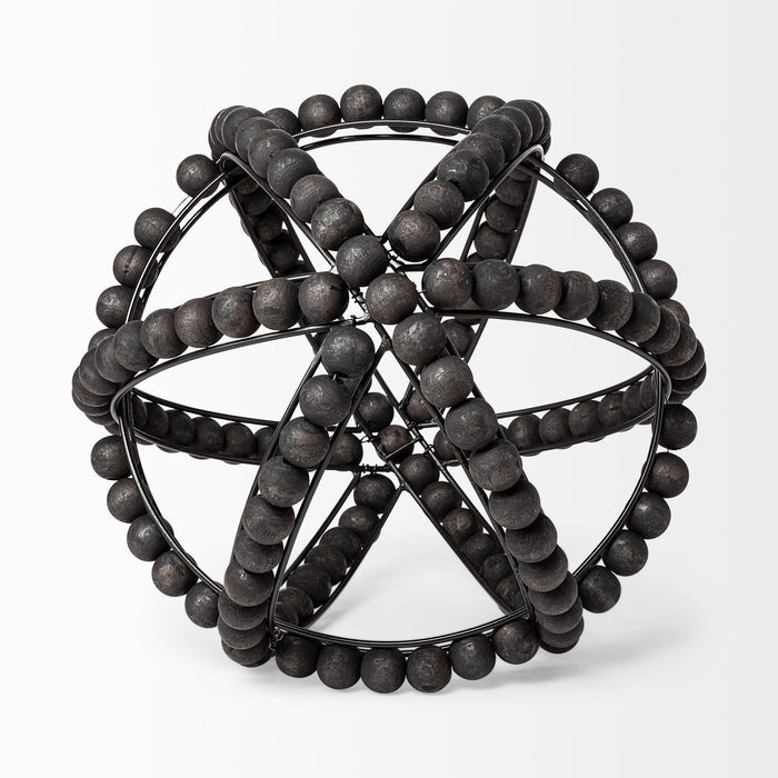 12" Black Wood Bead And Metal Decorative Orb Sculpture