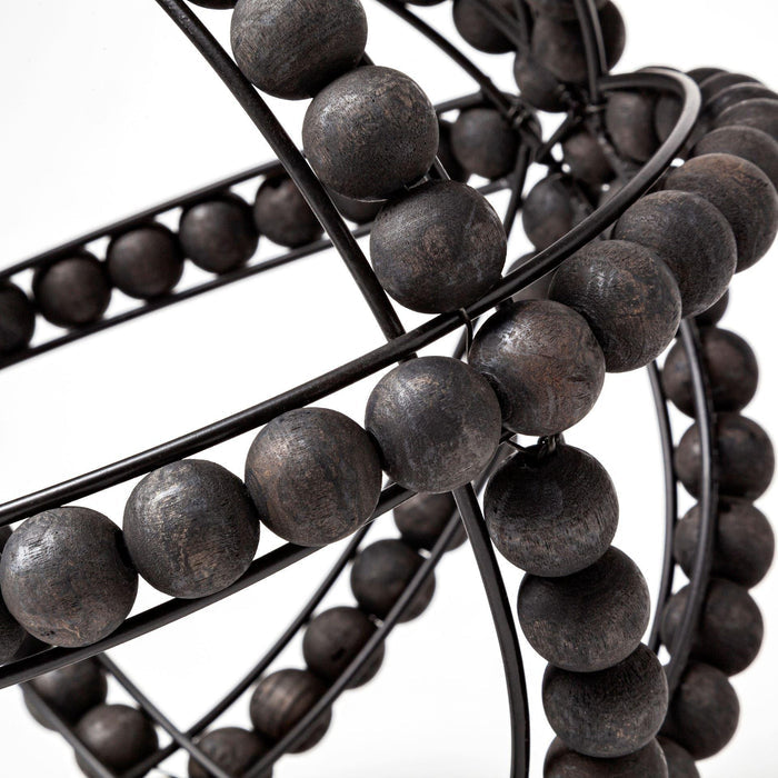 12" Black Wood Bead And Metal Decorative Orb Sculpture