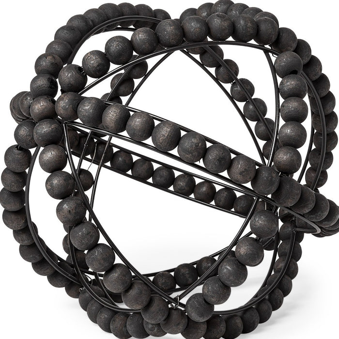 12" Black Wood Bead And Metal Decorative Orb Sculpture