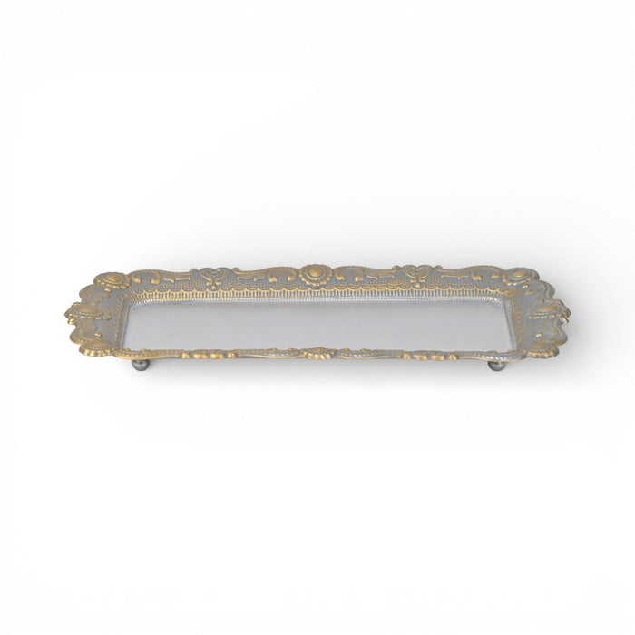 12" Blue Gray Silver And Gold Metal Handmade Trinket Tray