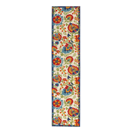 12' Green And Ivory Floral Indoor Outdoor Runner Rug
