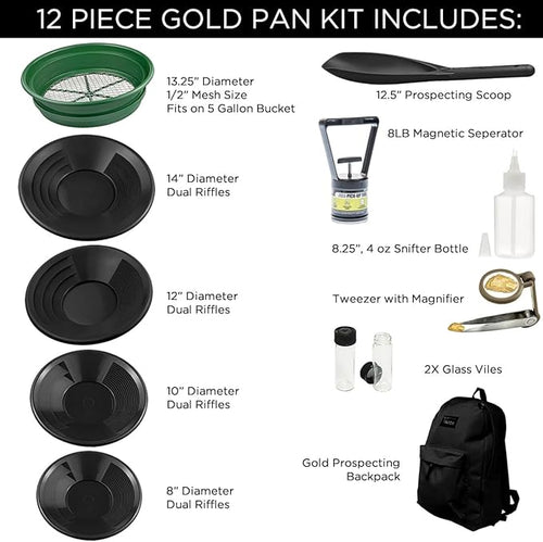 12 Piece Deluxe Gold Pan Kit with Backpack (Black)