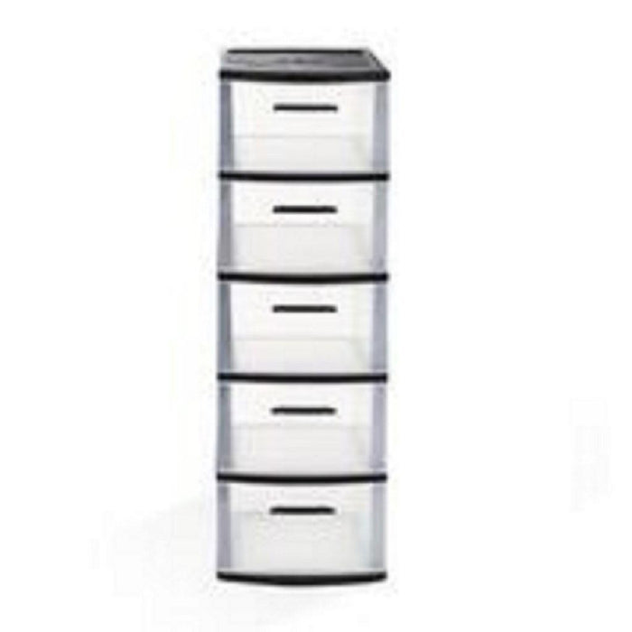 13" Black And Clear Heavy Duty Plastic Five Drawer Storage Cabinet