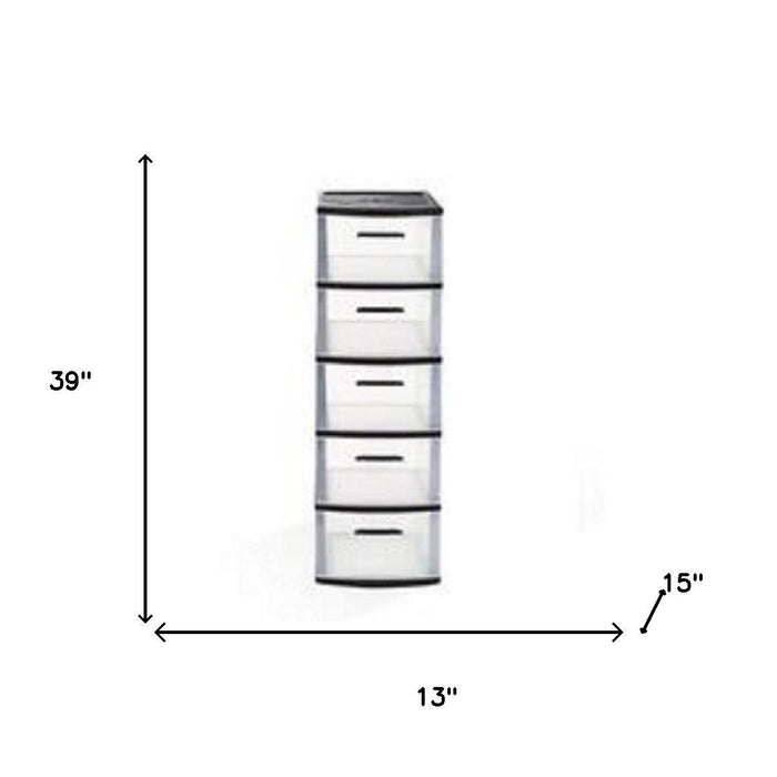 13" Black And Clear Heavy Duty Plastic Five Drawer Storage Cabinet