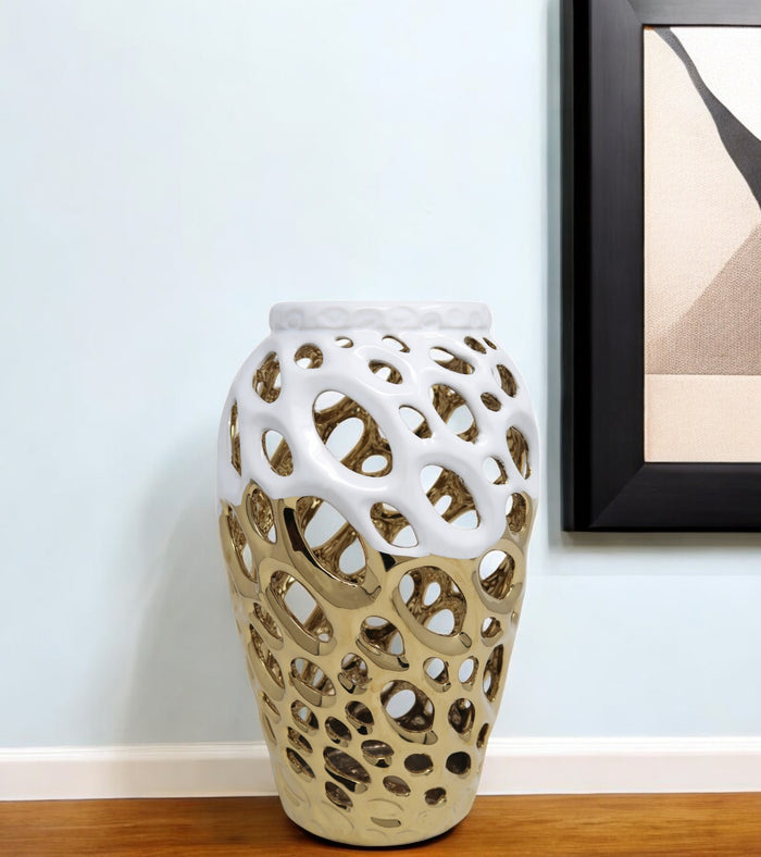13" Gold And White Pierced Urn Porcelain Table Vase With Sculptural Details