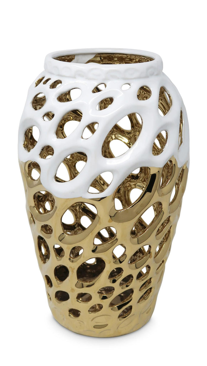 13" Gold And White Pierced Urn Porcelain Table Vase With Sculptural Details