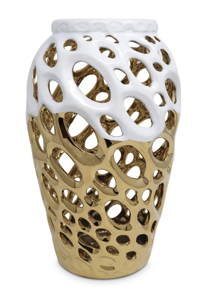 13" Gold And White Pierced Urn Porcelain Table Vase With Sculptural Details