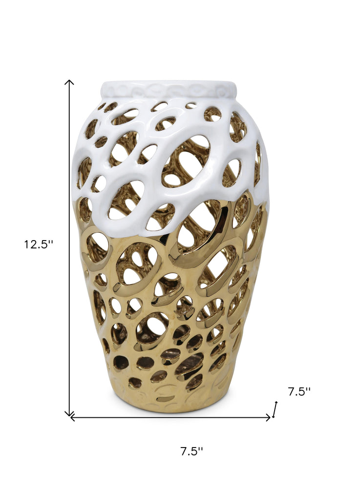 13" Gold And White Pierced Urn Porcelain Table Vase With Sculptural Details