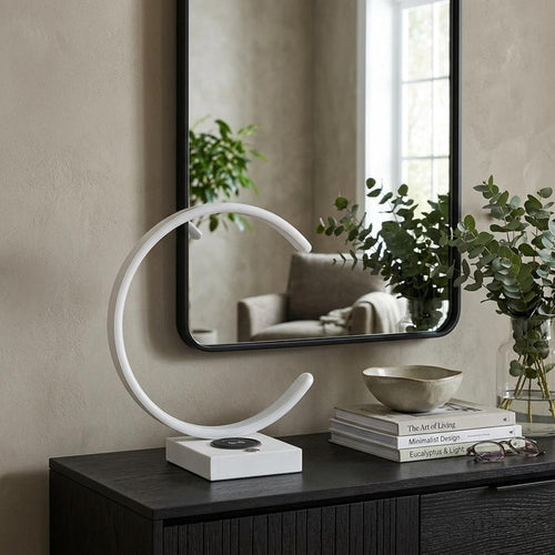 14" White Metal LED with USB Wireless Charger Table Lamp