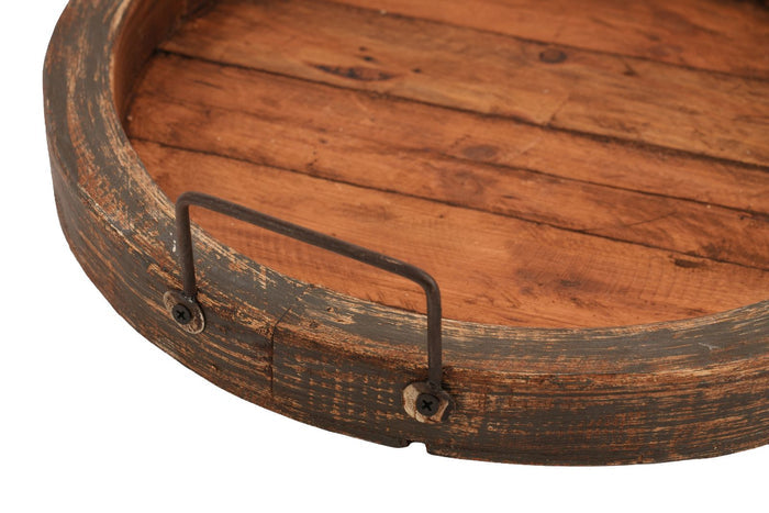 15" Gray And Natural Solid Wood Handmade Round Serving Tray With Handles