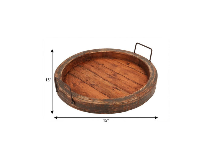 15" Gray And Natural Solid Wood Handmade Round Serving Tray With Handles