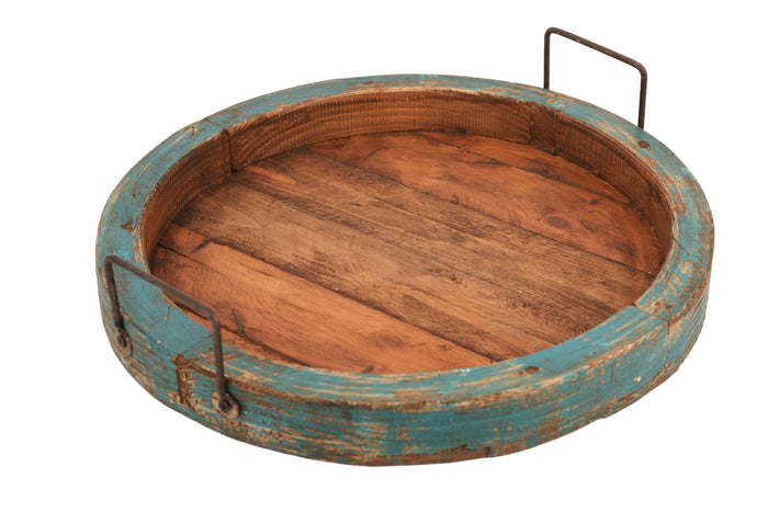15" Natural And Turquoise Solid Wood Handmade Round Serving Tray With Handles