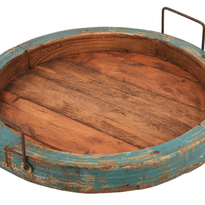 15" Natural And Turquoise Solid Wood Handmade Round Serving Tray With Handles