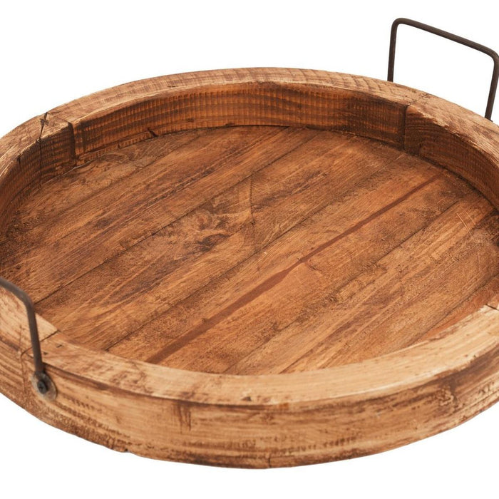 15" Natural Solid Wood Handmade Round Serving Tray With Handles