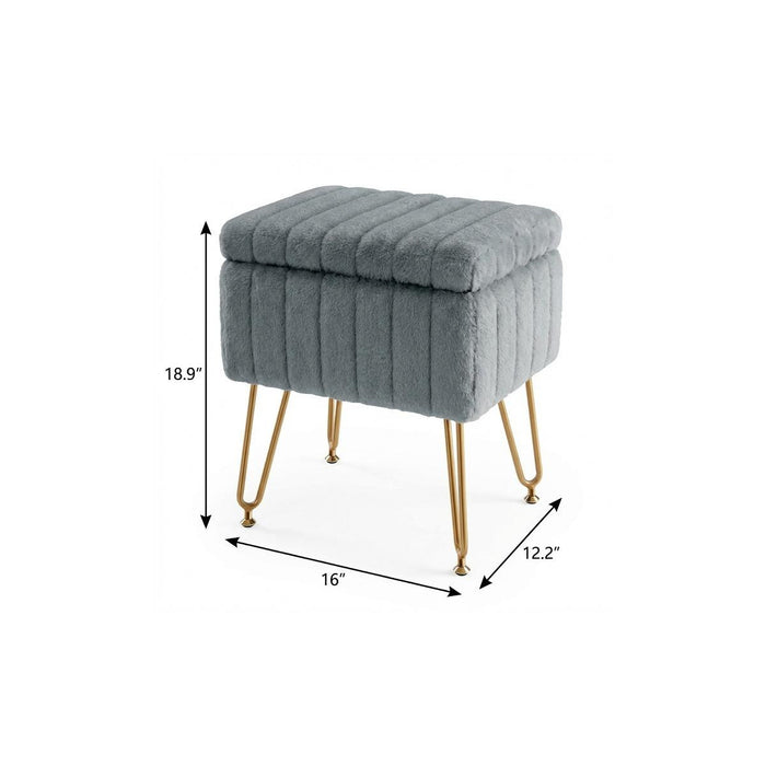 16" Gray and Gold Faux Fur Storage Ottoman