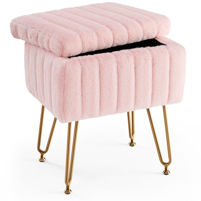 16" Pink and Gold Faux Fur Storage Ottoman
