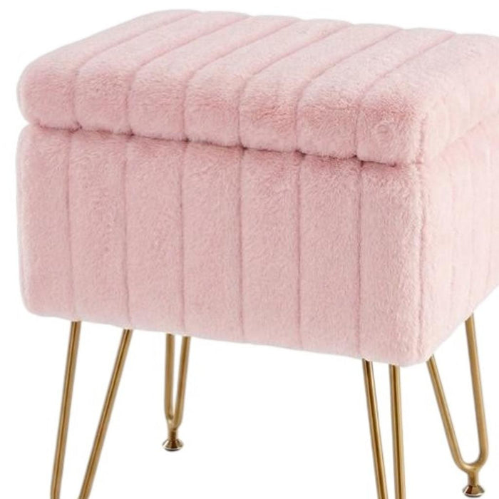 16" Pink and Gold Faux Fur Storage Ottoman