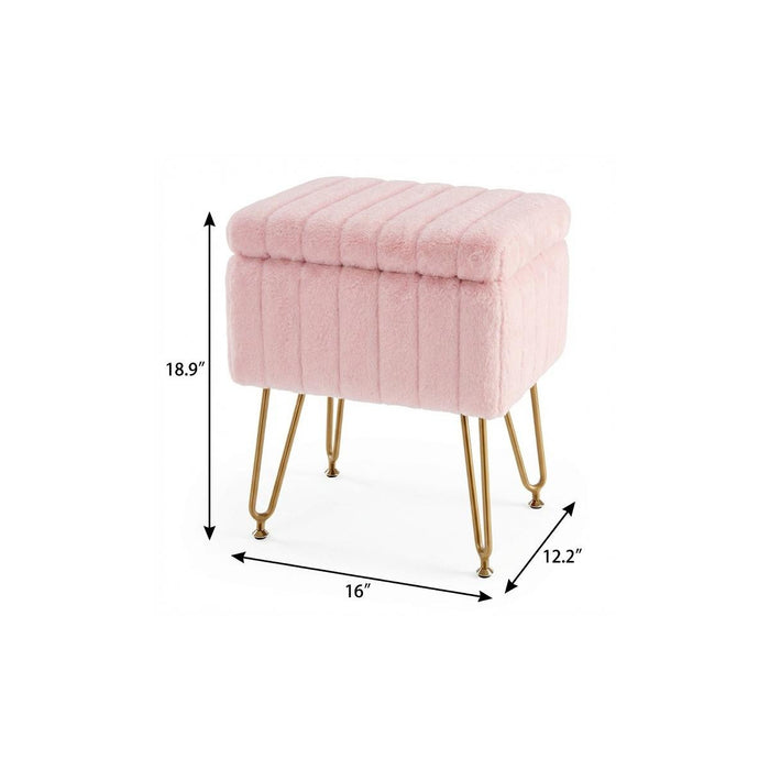 16" Pink and Gold Faux Fur Storage Ottoman