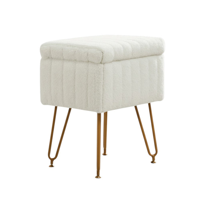 16" White and Gold Faux Fur Tufted Storage Ottoman