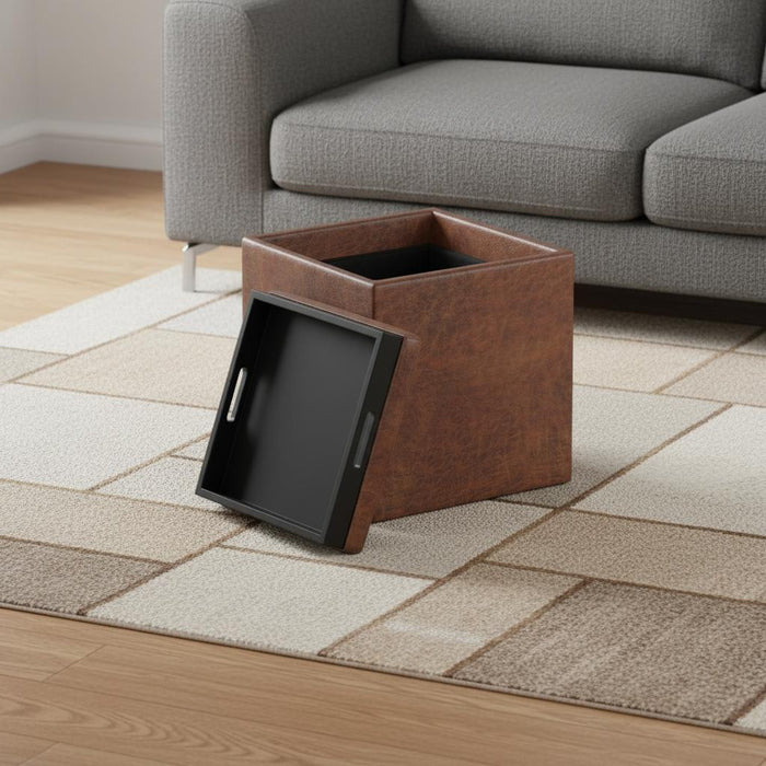 17" Brown Faux Leather Cube Ottoman With Storage