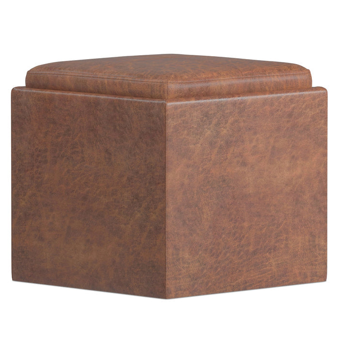 17" Brown Faux Leather Cube Ottoman With Storage