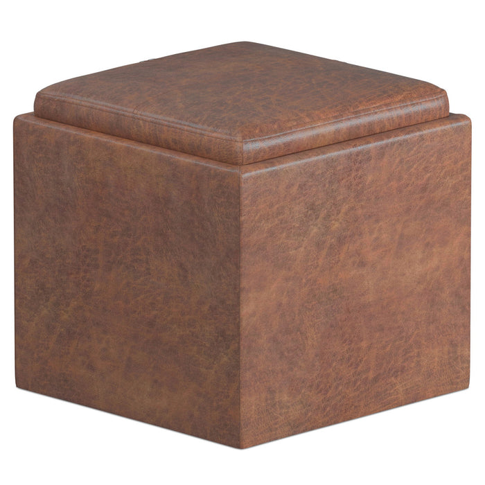 17" Brown Faux Leather Cube Ottoman With Storage