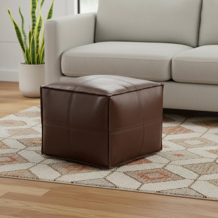 18" Dark Brown Faux Leather Pouf Ottoman
