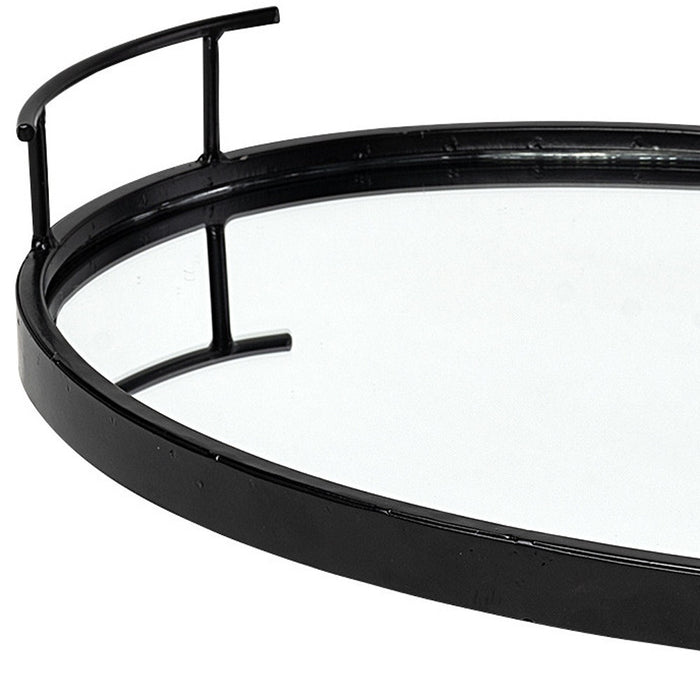 20" Black Metal And Mirrored Glass Oval Vanity Tray With Handles