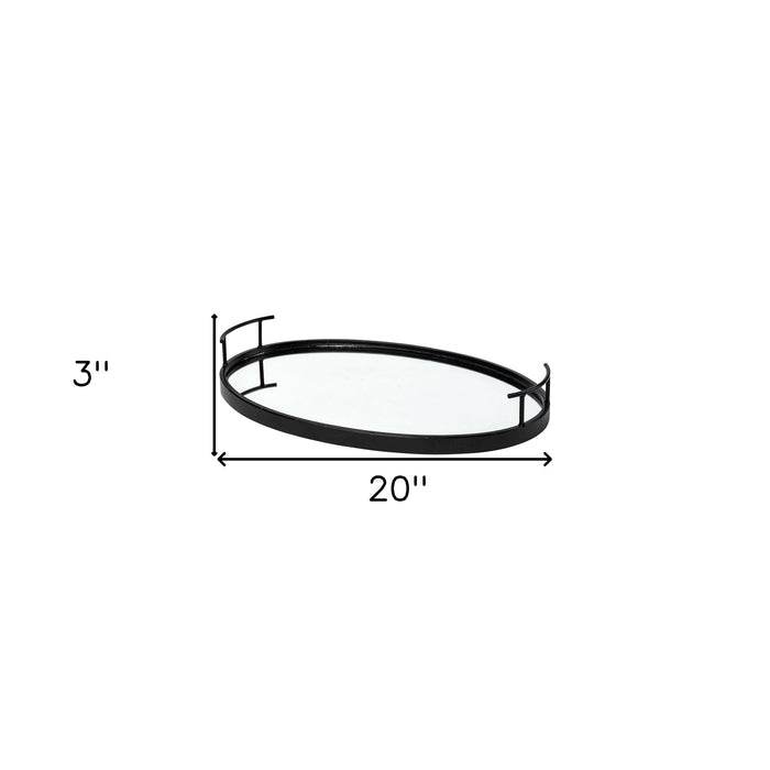 20" Black Metal And Mirrored Glass Oval Vanity Tray With Handles