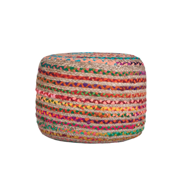 20" Blue Orange and Tan Cotton and Jute Striped Round Pouf Ottoman