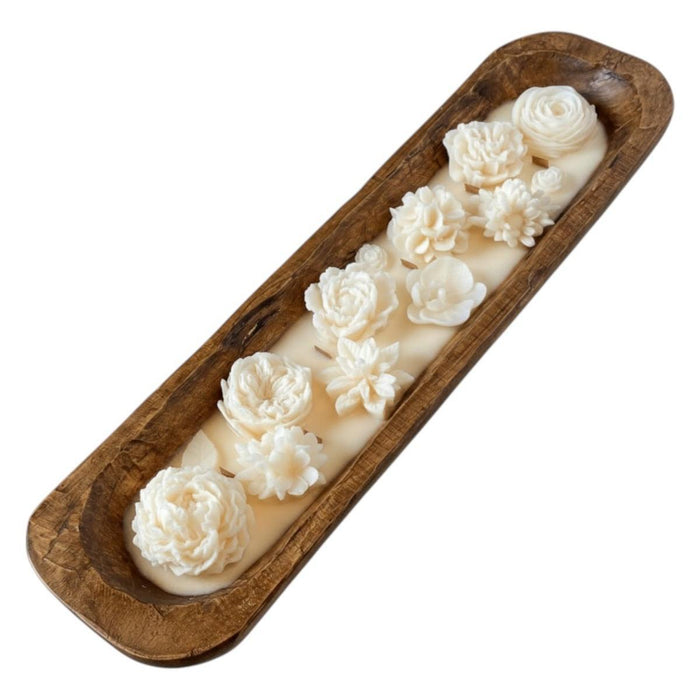 20" Ivory Sandalwood Scented Six Wick Candle In Brown Distressed Wood Oval Dough Bowl