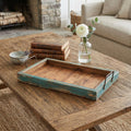 21" Natural And Turquoise Solid Wood Handmade Serving Tray With Handles