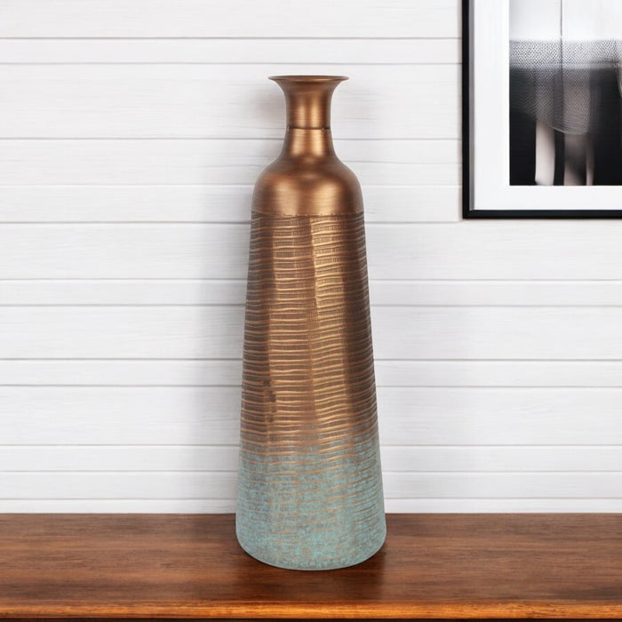 24" Copper And Teal Abstract Tapered Metal Table Vase
