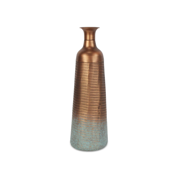 24" Copper And Teal Abstract Tapered Metal Table Vase