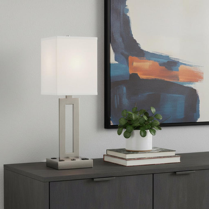 24" Nickel Metal Desk Usb Table Lamp With White Drum Shade