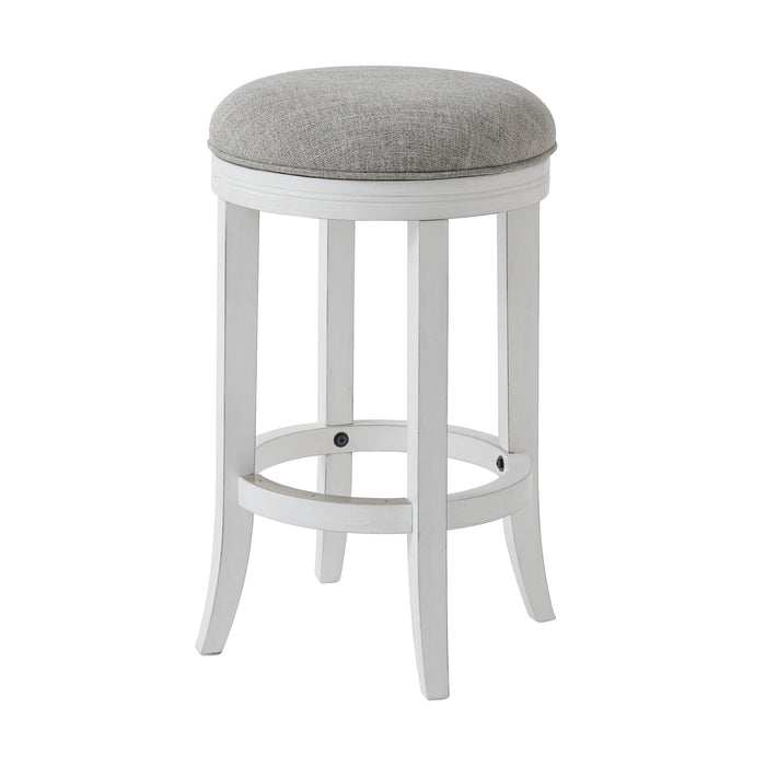 25" Gray And Antiqued White Linen And Solid Wood Backless Counter Height Swivel Bar Chair