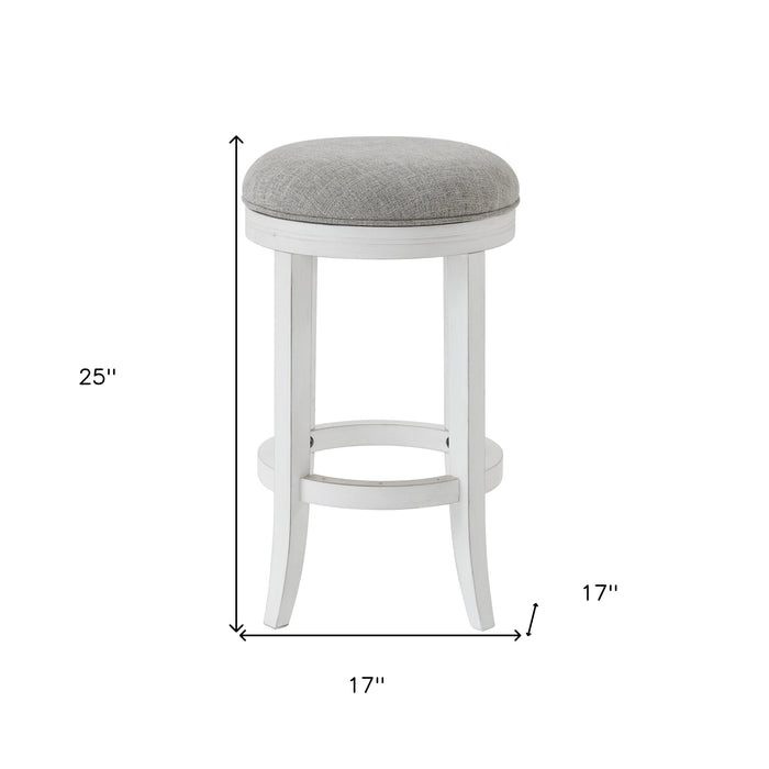 25" Gray And Antiqued White Linen And Solid Wood Backless Counter Height Swivel Bar Chair