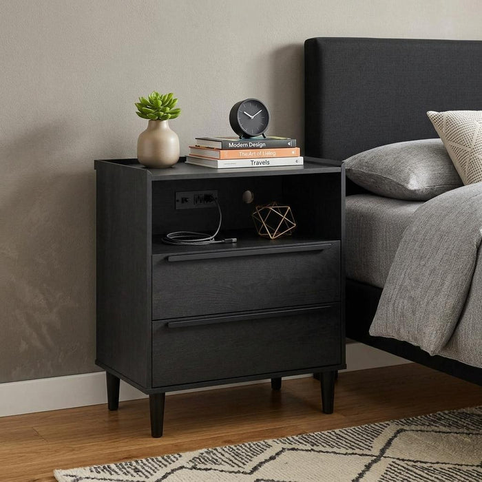 26" Black Wood Two Drawer Nightstand with USB Port and Integrated Tech