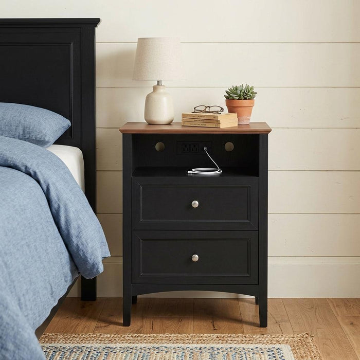 26" Black Wood Two Drawer Nightstand with USB Port and Integrated Tech