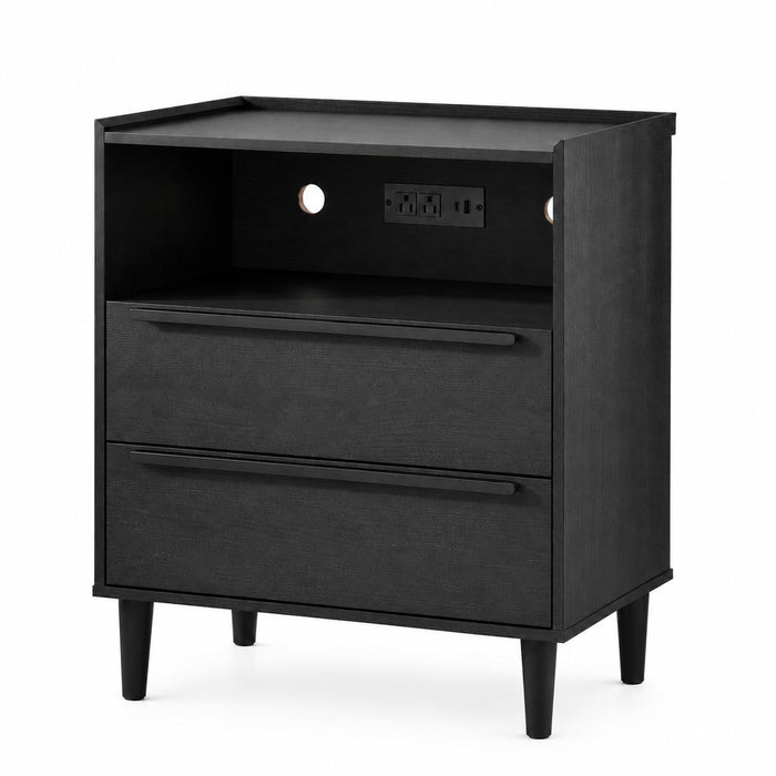 26" Black Wood Two Drawer Nightstand with USB Port and Integrated Tech