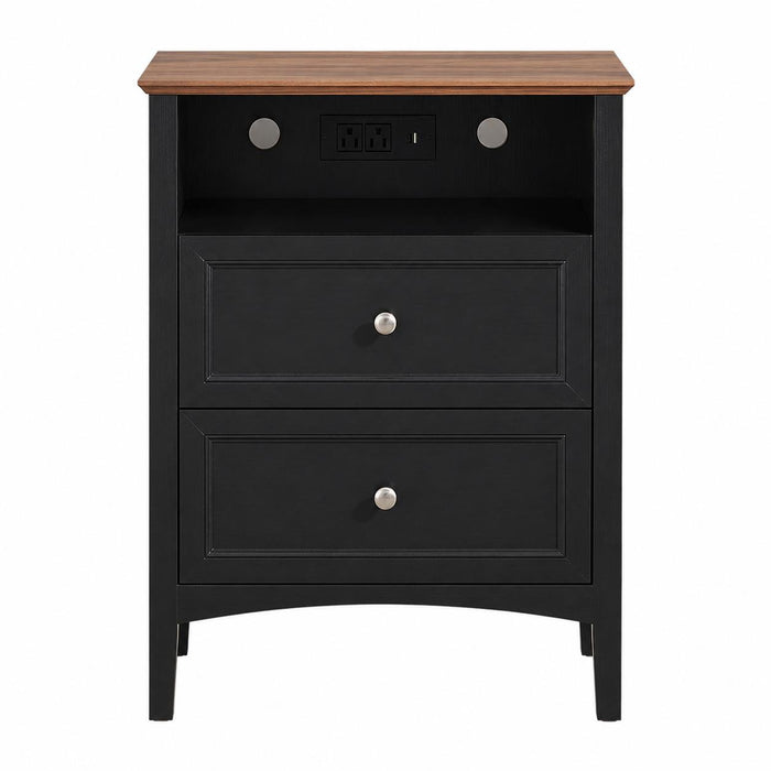 26" Black Wood Two Drawer Nightstand with USB Port and Integrated Tech