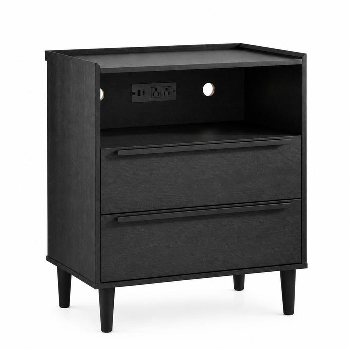 26" Black Wood Two Drawer Nightstand with USB Port and Integrated Tech