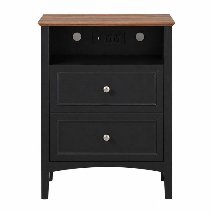 26" Black Wood Two Drawer Nightstand with USB Port and Integrated Tech