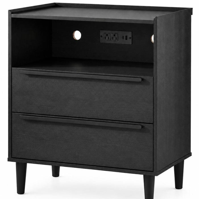 26" Black Wood Two Drawer Nightstand with USB Port and Integrated Tech