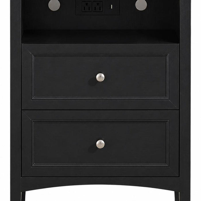 26" Black Wood Two Drawer Nightstand with USB Port and Integrated Tech