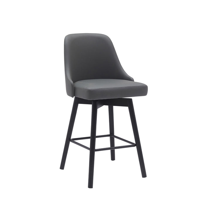 26" Gray And Black Faux Leather And Fabric And Solid Wood Counter Height Swivel Bar Chair
